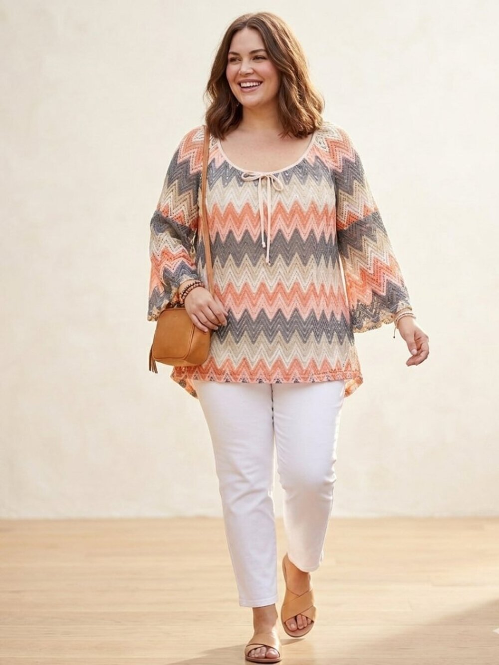 Women's Plus 1X Chevron Lace Top Bohemian Bell Sleeve Boho Chic Summer Blouse